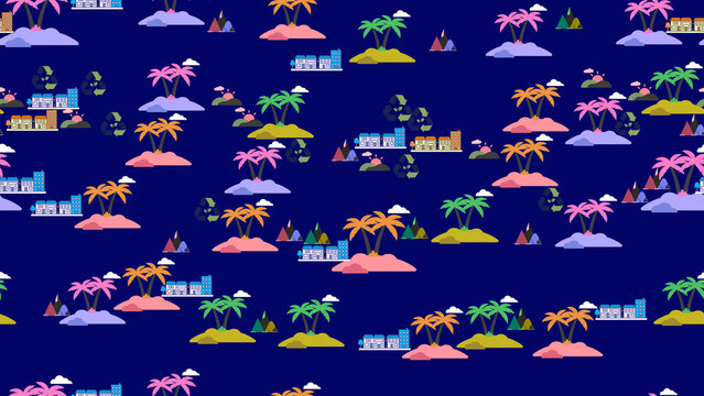 Stylized island pattern with palm trees and buildings
