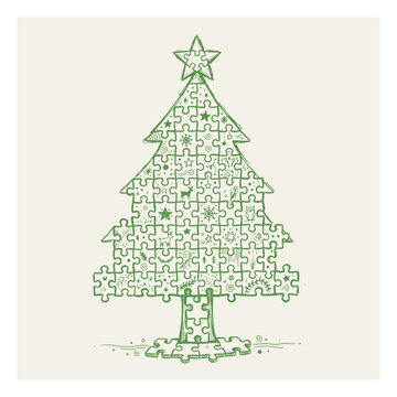 Christmas tree puzzle illustration vector graphic of a jigsaw holiday pine with star