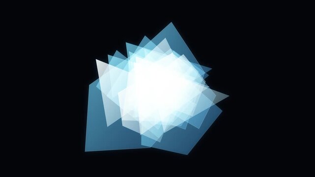 Abstract blue glowing geometric polygons and triangles overlapping on black background. High tech digital data visualization and futuristic graphic design.