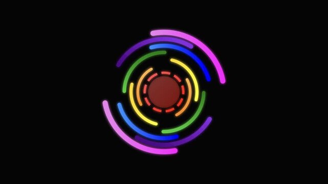Futuristic neon circular HUD interface with rotating colorful dashed strokes and central core on black background, digital progress element for high-tech motion graphics and UI design.