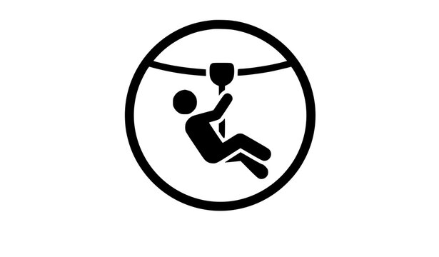Zip Line Adventure Icon with Person Hanging from Cable Inside Circular Symbol for Outdoor Recreation, Travel, Tourism, and Sports