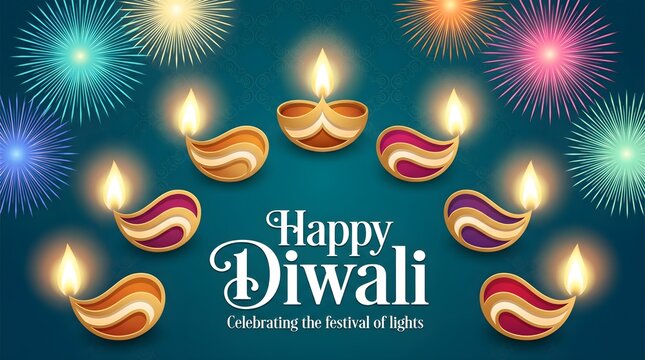 Happy Diwali greeting card vector illustration. Glowing oil diya lamps arranged in arch with colorful fireworks. Indian festival of lights celebration background design template.