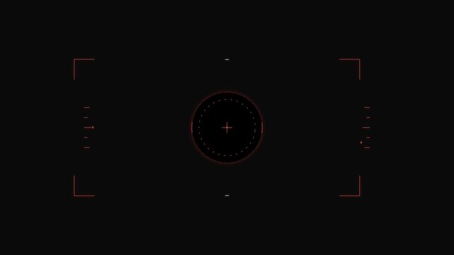 Digital red HUD camera viewfinder interface with target crosshair and framing elements on black background for motion graphics and overlay.