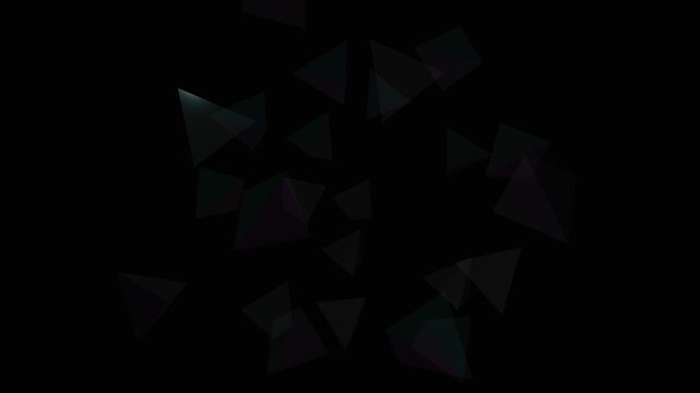 Abstract dark geometric animation featuring floating translucent triangles and prisms on a black background, suitable for technology, crypto, and futuristic digital design themes.