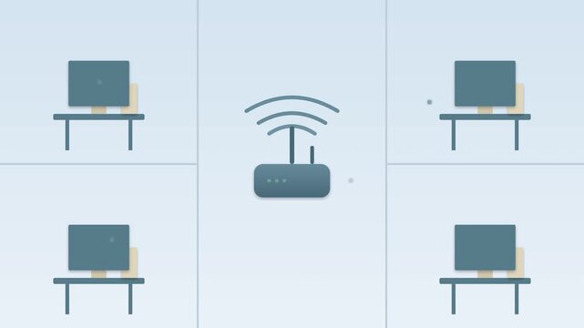 Flat animation of a wireless router broadcasting Wi-Fi signals to multiple computer workstations, representing office network connectivity and data distribution on a clean background.