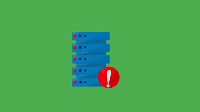 Animated server error concept featuring a data center icon with an exclamation mark on a green screen background, representing technical issues and digital infrastructure alerts.