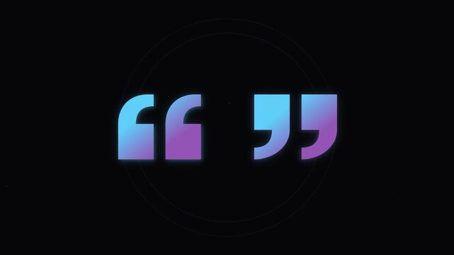 Minimalist glowing quotation mark symbol with blue and purple gradient on black background for speech, testimonial, and message communication concept.