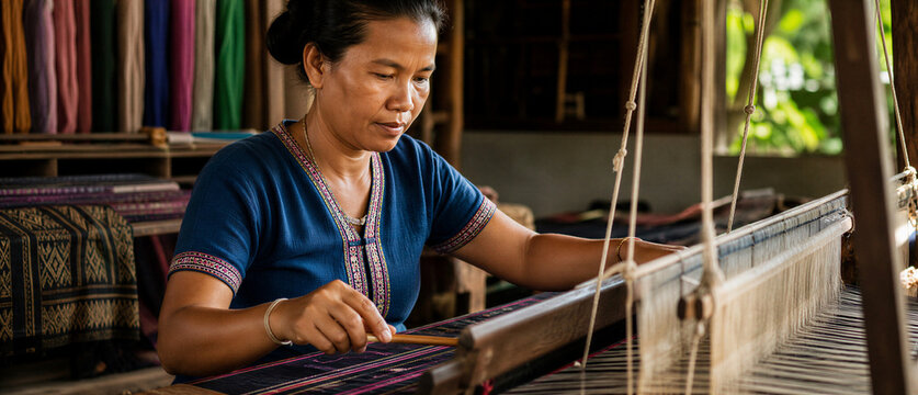 Asian woman weaver working on a traditional wooden loom with colorful textiles