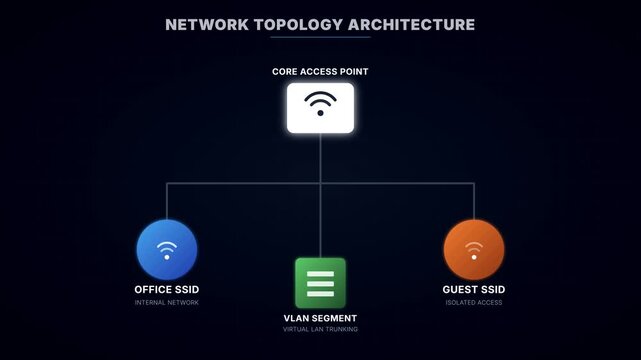 Network Topology Architecture diagram showcasing core access point distribution to office and guest SSID networks with VLAN segment for internal and isolated security infrastructure.