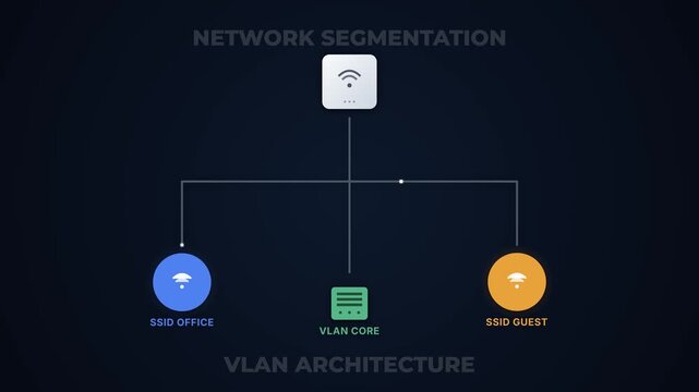 Network segmentation diagram illustrating VLAN architecture, featuring separate office and guest SSIDs connected to a central core for secure traffic management and IT infrastructure optimization.