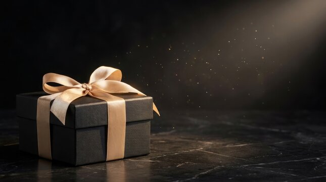 A single elegant black gift box with a gold ribbon sits on a dark marble surface with sparkling light