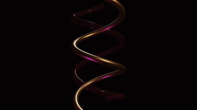 Abstract 3D metallic double helix structure representing DNA or genetic coding with gold and pink highlights against a dark background for science, technology, and medical research concepts.