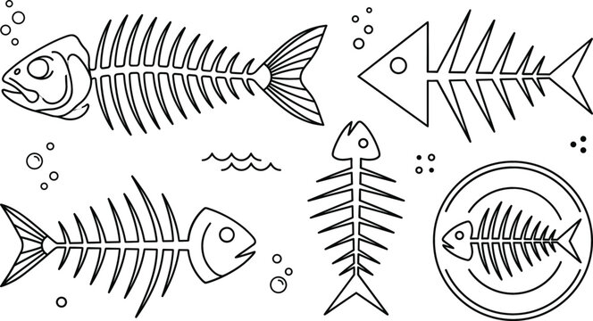 Fish skeleton and bone outline icon set with abstract geometric fishbone sea waste vector line art illustration elements