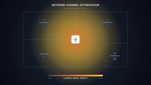 Motion graphic showing network channel optimization and Wi-Fi signal density on an office floor plan, visualizing wireless connectivity and internet signal strength management.