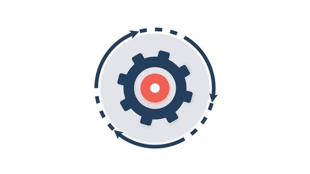 Minimalist 2D animation of rotating gear and circular arrows for process or system update concept on white