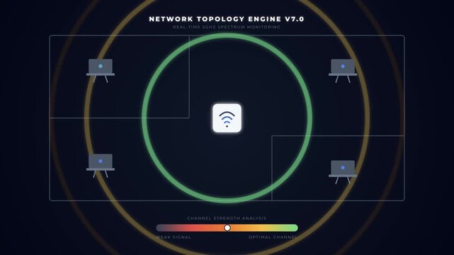 Digital interface of a network topology engine displaying wireless signal strength analysis across workstations in a spatial layout with data visualization and connectivity indicators.