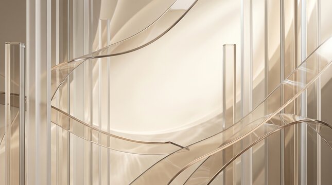 Abstract waves of transparent glass sheets against a soft beige backdrop with abstract patterns minimalist backdrop fluid design