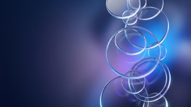 Floating transparent glass rings on a dark blue gradient background with transparent circles floating shapes abstract background