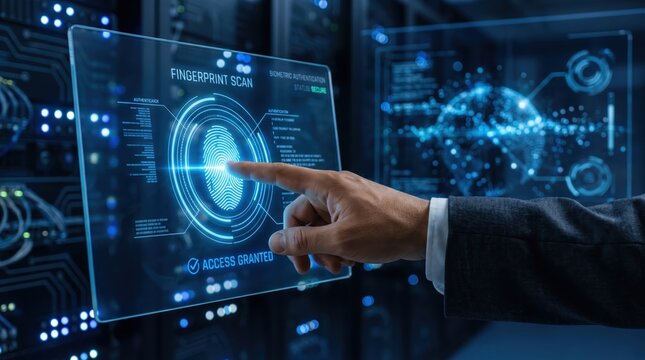 Futuristic biometric fingerprint scan on transparent holographic display, showing access granted status in secure server room, advanced cybersecurity technology concept