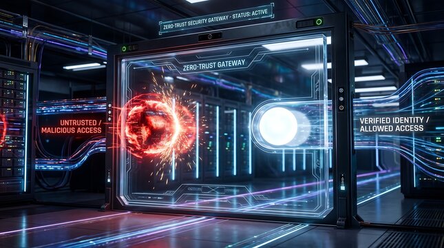 Futuristic Zero Trust Gateway in a Data Center Representing Cybersecurity and Identity Verification for Network Access