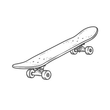 Hand drawn black and white vector sketch of classic skateboard at dynamic angle ideal for streetwear design skate culture graphics and urban youth lifestyle concepts.