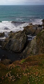 Waves breaking into a rocky cove beneath grassy cliffs in Cornwall, England, UK. Coastal wildflowers overlook the sea under a cloudy afternoon sky. Vertical han