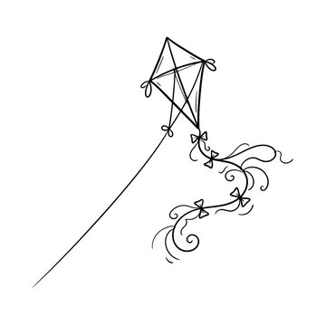 Flying kite sketch vector hand drawn illustration with long decorative tail and bows isolated on transparent background ideal for summer festival designs.