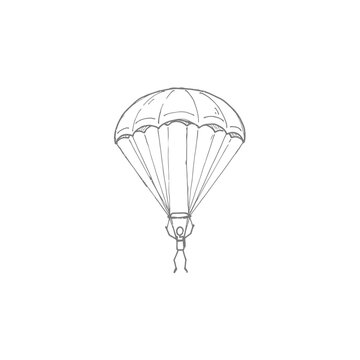 Minimalist hand drawn skydiver icon with parachute sketch on transparent background for extreme sports branding adventure concepts and outdoor activity designs.