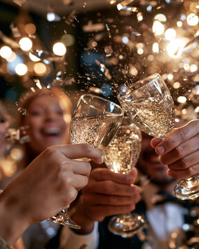 Golden confetti swirls around clinking champagne flutes. Joyful hands toast with sparkling glasses against warm lights. Celebrations buzz with laughter and sparkling joy. Perfect for birthdays