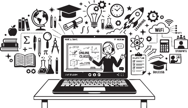 Laptop computer showing online class with teacher and education icons representing distance learning and study