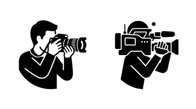 Professional photographer and cameraman silhouettes capturing video and images isolated on transparent background for media broadcast and creative content production.