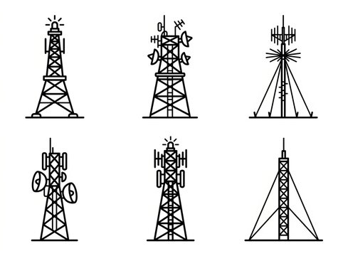 Set of six different cell tower and antenna line art illustrations.