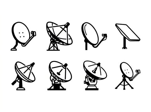 Collection of diverse satellite dish icons in black and white line art style.