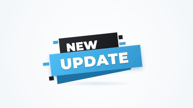 New Update motion graphic badge with blue and black labels for software announcement or news footage on white background