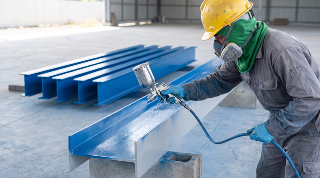 Industrial worker in protective gear spray painting blue steel I-beams outdoors at a construction site
