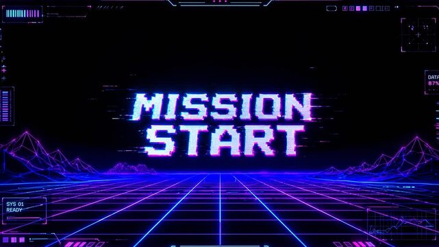 Glowing MISSION START screen activates above a neon wireframe grid in an energetic retro arcade animation introducing a new gaming challenge