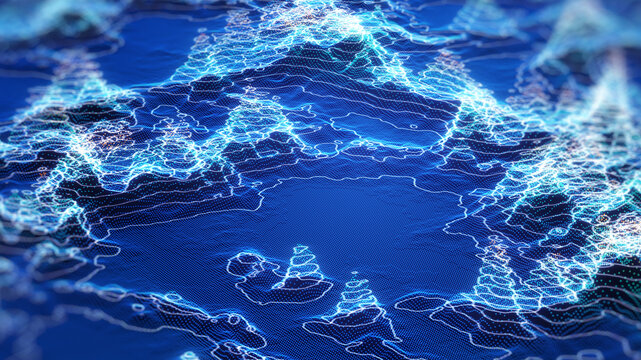 Abstract big data visualization with glowing digital topography, contour lines and data points, representing information analysis, data mapping, digital landscape and advanced technology.
