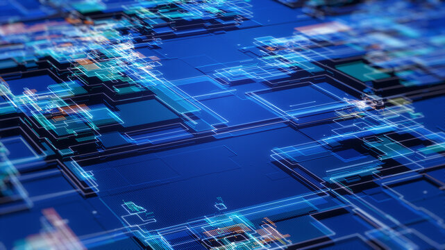 Abstract big data processing network with layered digital structures and glowing information paths, representing data analytics, digital infrastructure, computing and advanced information technology.
