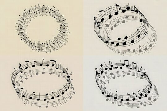 Musical staves arranged in circular and oval shapes with black notes form a decorative set on a beige background.
