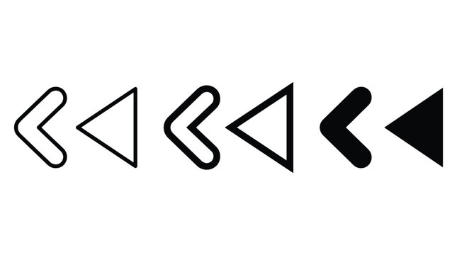 Minimalist linear black left arrows collection for back and previous navigation buttons on transparent grid pattern background.