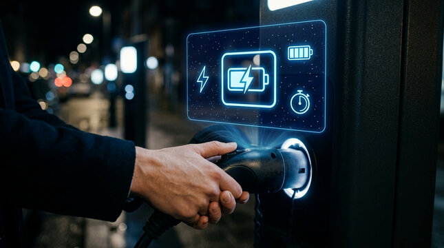 Close-up of hand plugging in an electric vehicle charger at night with futuristic digital hologram interface showing battery status on street.