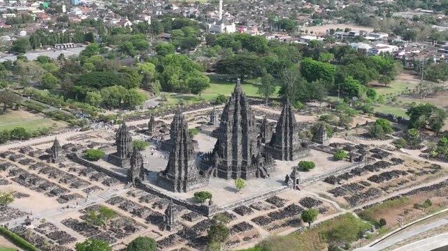 Aerial view of the historical sites of Prambanan Temple in Yogyakarta, Java, Indonesia
