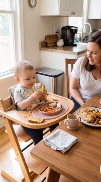 Baby-led weaning. A mother smiles at her baby eating vegetables in a highchair in a modern kitchen. The scene emphasizes healthy eating and family bonding. Image made using Generative AI.