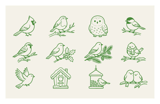 Cute winter birds vector set with cute chickadees, robins, cardinals, owl, birdhouse and feeder