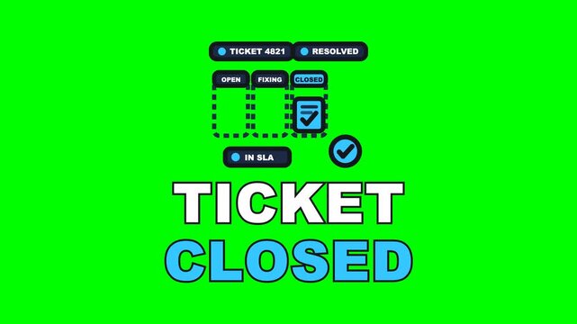 4K green screen TICKET CLOSED animated text - the ticket walking the board to closed inside SLA, kinetic typography IT support overlay for tech content, chroma key