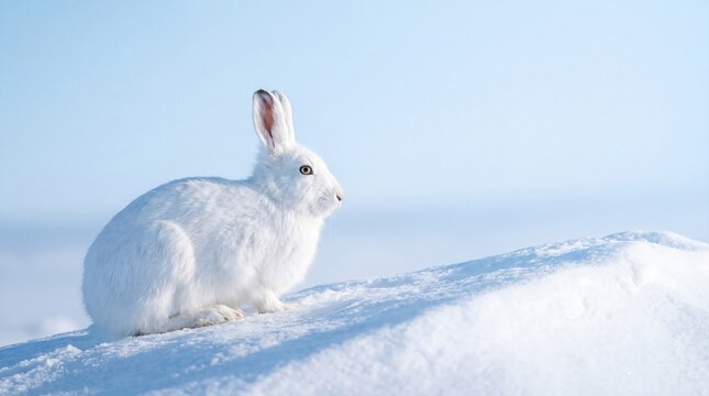 A white arctic hare rests on a snow hill during a bright clear winter