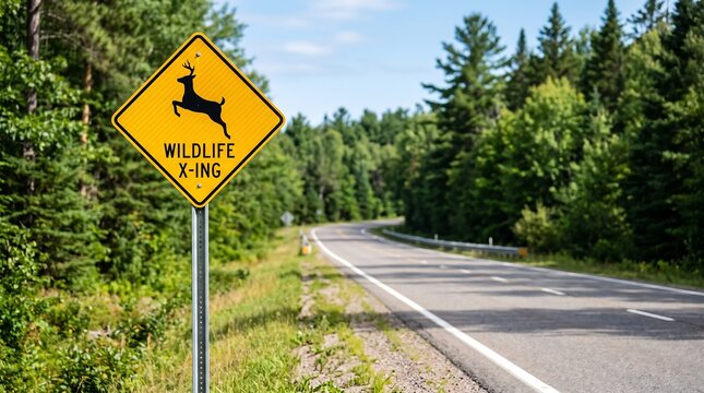 A yellow diamond-shaped wildlife crossing sign warns drivers of deer on a winding road through a dense forest.