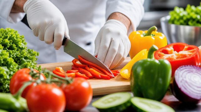 A chef wearing gloves slices red bell pepper on a cutting board surrounded by fresh vegetables including tomatoes, cucumbers, lettuce, and onions.