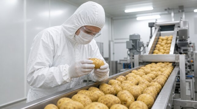 Worker in protective gear inspects potatoes on a conveyor belt in a sterile food processing facility.