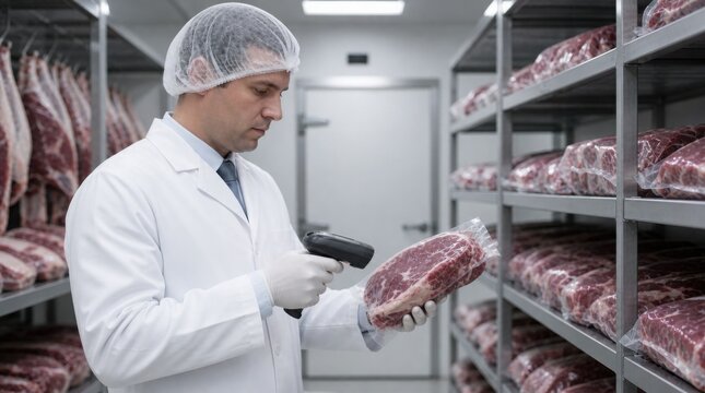 A worker in protective clothing scans packaged meat in a cold storage room filled with shelves of vacuum-sealed beef cuts.